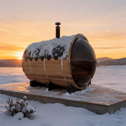 The Helius 6 Person Outdoor Red Cedar Barrel Sauna with Front Porch and Panoramic Glass