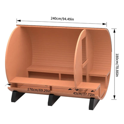 6 Person Outdoor Barrel Sauna with Front Porch, Patchwork Red Cedar Traditional Steam Barrel Sauna Kit with Outdoor Waterproof Tile and More HELIUS