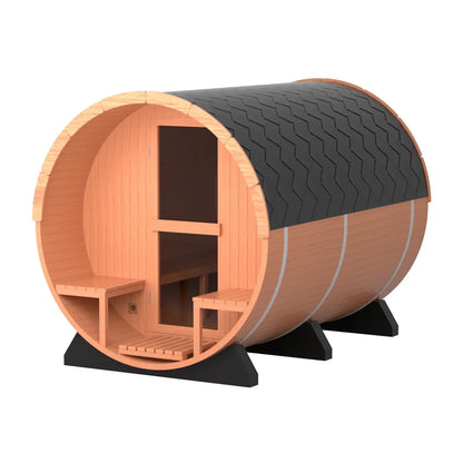 Helius 6 Person Outdoor Red Cedar Barrel Sauna with Front Porch and Panoramic Glass