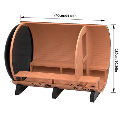 Helius 6 Person Outdoor Red Cedar Barrel Sauna with Front Porch and Panoramic Glass