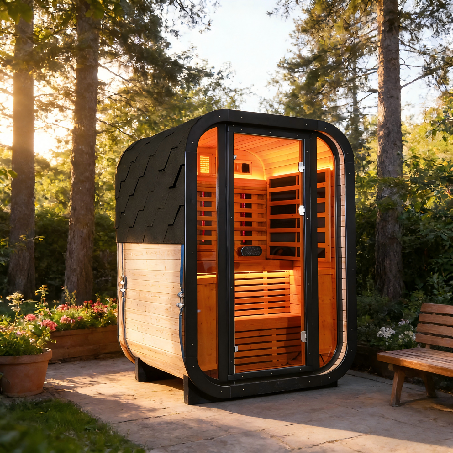 The Helius 1-2 Person Carbonized Spruce Far Infrared Outdoor Sauna with LED Lights