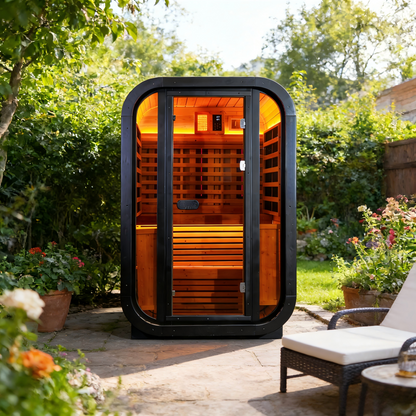 The Helius 1-2 Person Carbonized Spruce Far Infrared Outdoor Sauna with LED Lights
