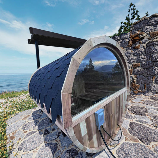 The Helius 6 Person Red Cedar Barrel Steam Sauna with Front Porch