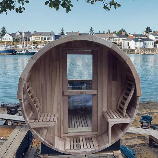 The Helius 6 Person Red Cedar Barrel Steam Sauna with Front Porch