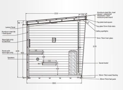Helius 6 Person Square Steam Sauna with Wood Core and Aluminum Walls and Ceiling