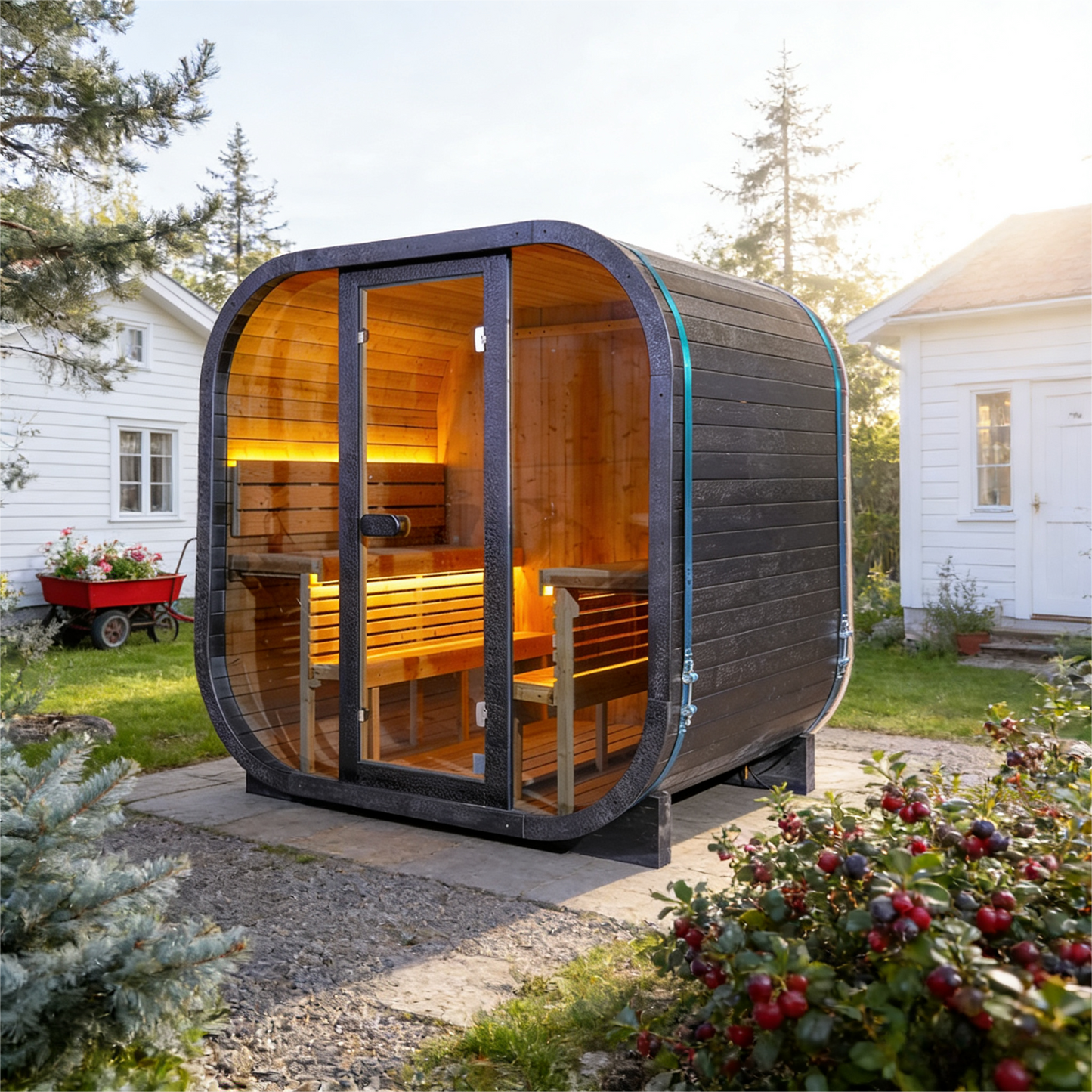 The Helius 4 Person Traditional Outdoor Black Carbonized Spruce Square Steam Sauna