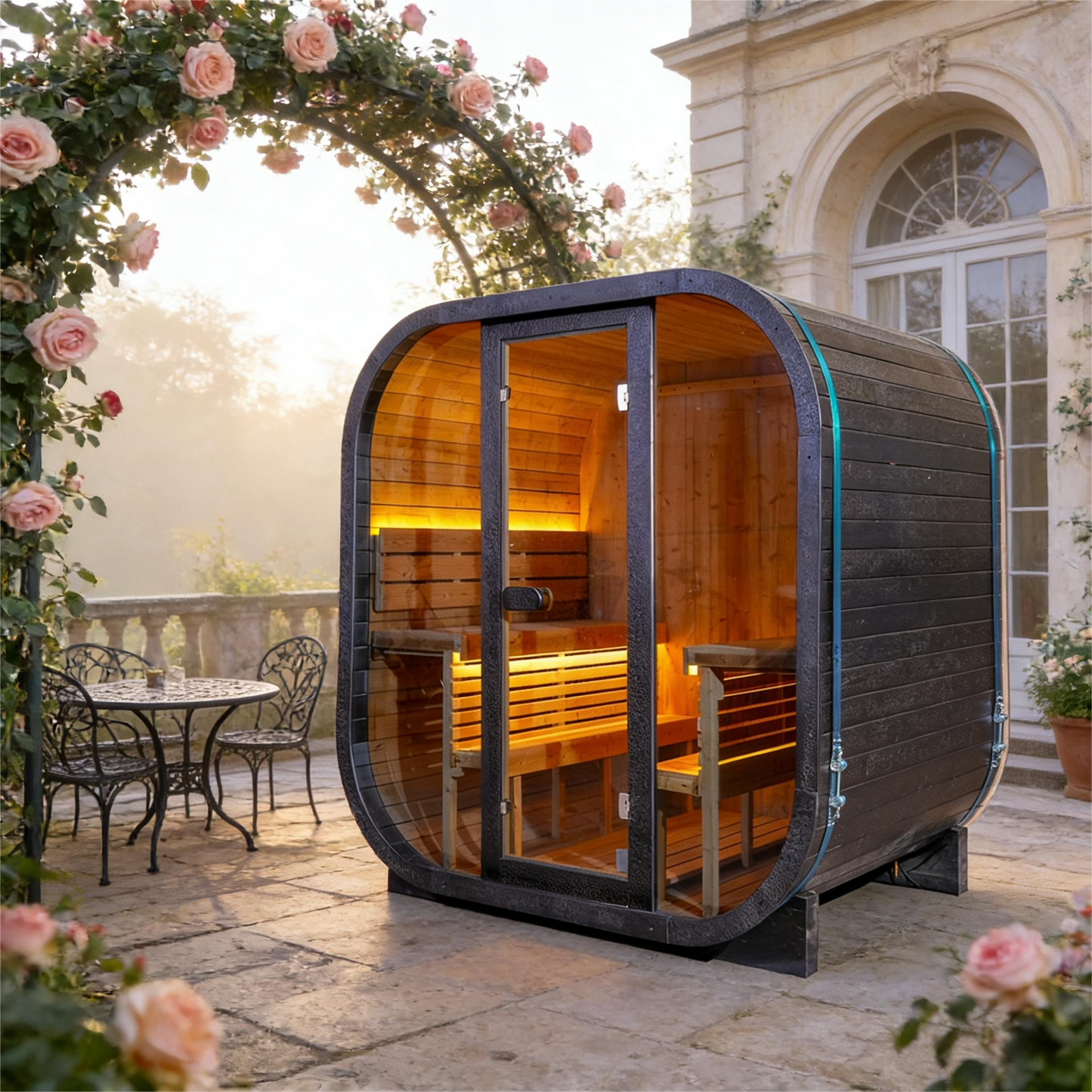 The Helius 4 Person Traditional Outdoor Black Carbonized Spruce Square Steam Sauna