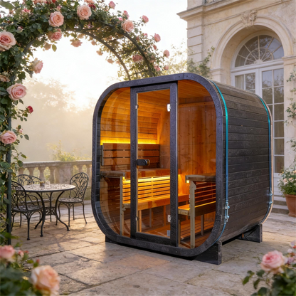 The Helius 4 Person Traditional Outdoor Black Carbonized Spruce Square Steam Sauna