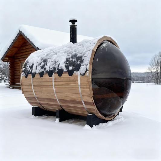 The Helius 6 Person Outdoor Red Cedar Barrel Sauna with Front Porch and Panoramic Glass