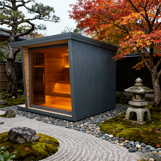 The Helius 6 Person Square Wood Core with Aluminum Walls and Ceiling Steam Sauna