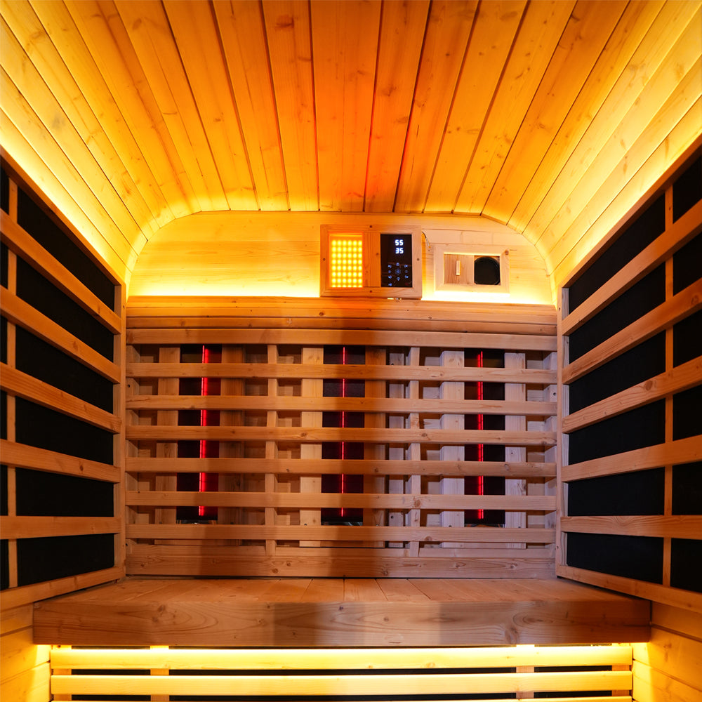 The Helius 1-2 Person Carbonized Spruce Far Infrared Outdoor Sauna with LED Lights