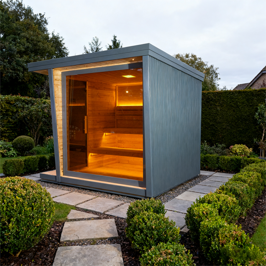 The Helius 6 Person Square Wood Core with Aluminum Walls and Ceiling Steam Sauna