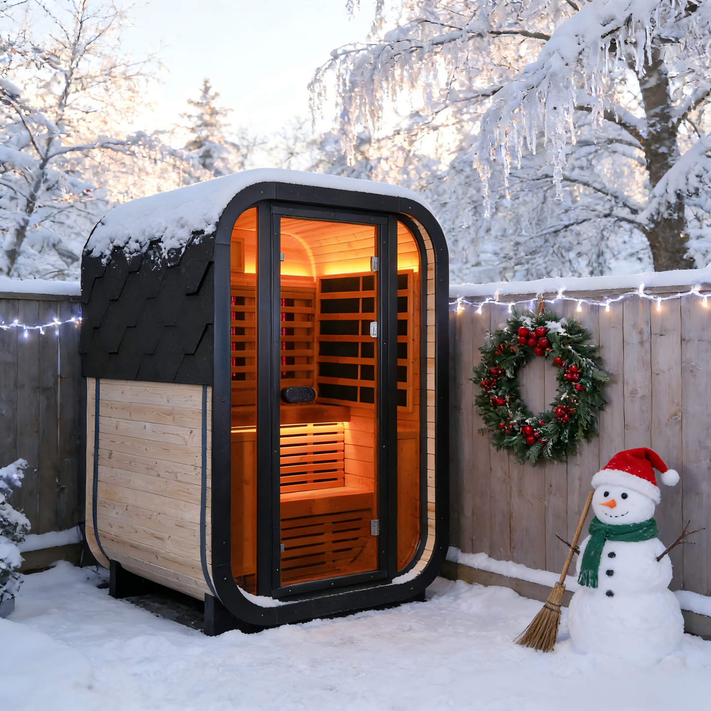 The Helius 1-2 Person Carbonized Spruce Far Infrared Outdoor Sauna with LED Lights