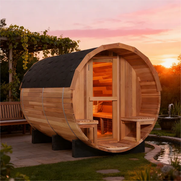 Helius 6 Person Patchwork Red Cedar Barrel Steam Sauna with Front Porch