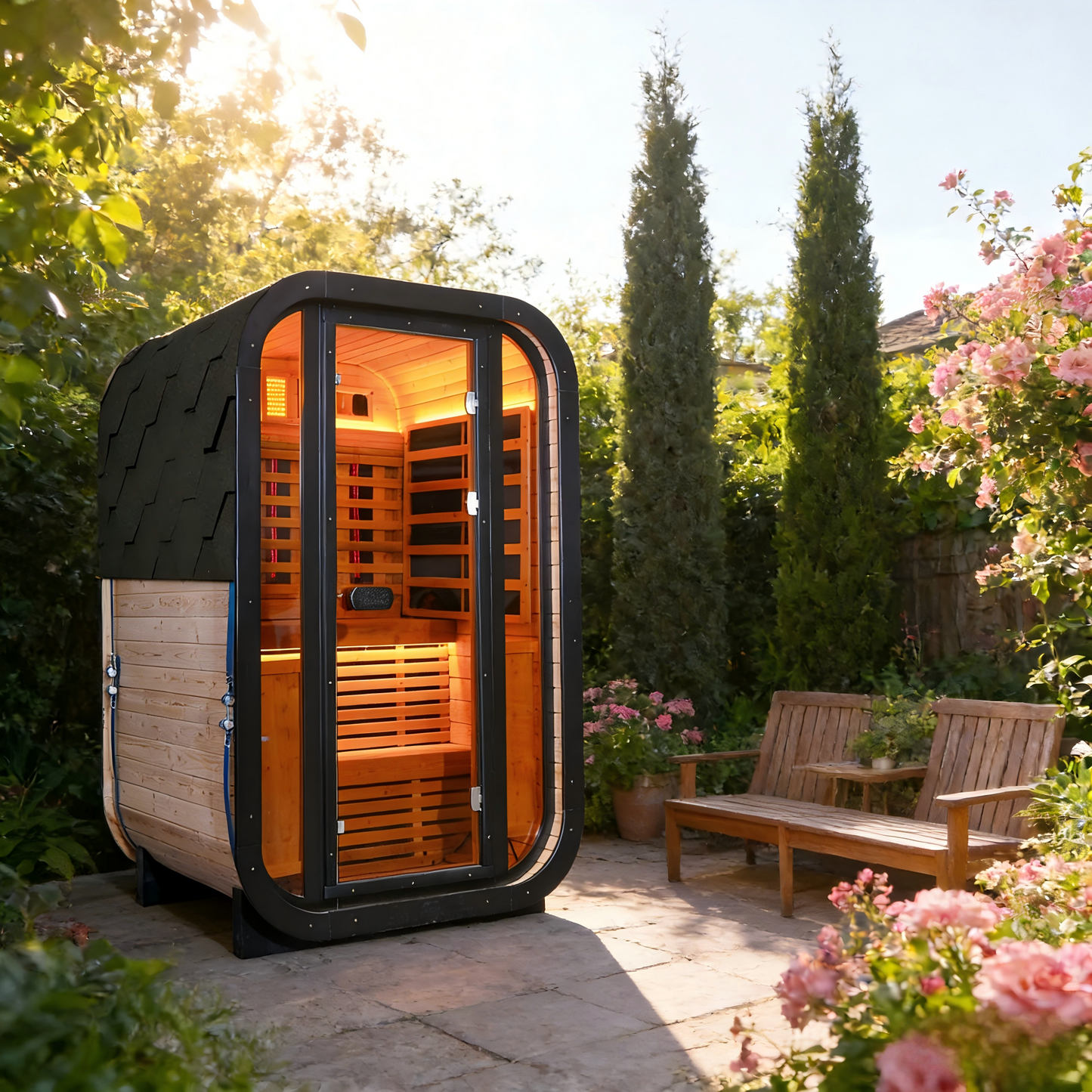 The Helius 1-2 Person Carbonized Spruce Far Infrared Outdoor Sauna with LED Lights