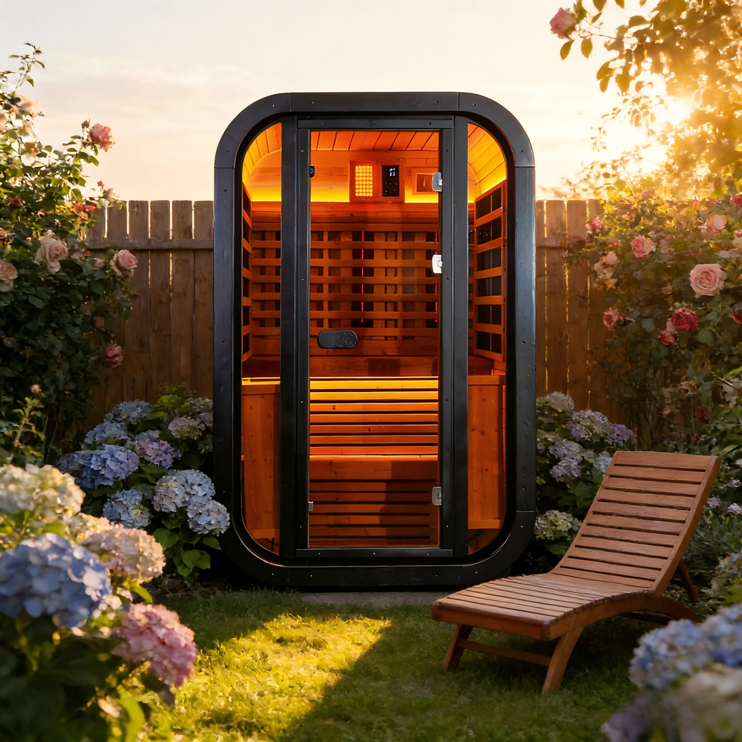 The Helius 1-2 Person Carbonized Spruce Far Infrared Outdoor Sauna with LED Lights